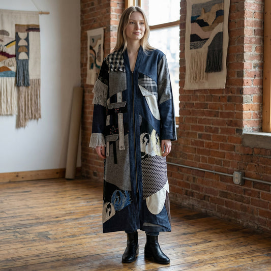 zivun by Ogino Reconstructed Long Coat | Patchwork & Embroidered Phoenix | One-of-a-Kind Art Piece | OLD FLIP